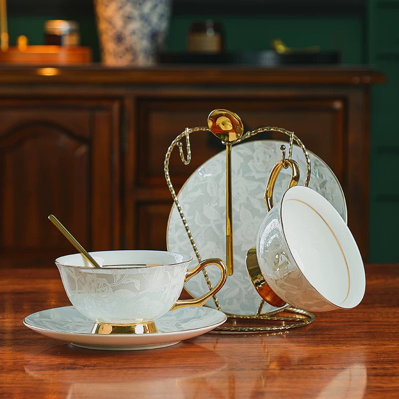 Grey Rose - Embossed Floral Coffee Tea Cup Set Bone China 220ml( 3pcs gift package)