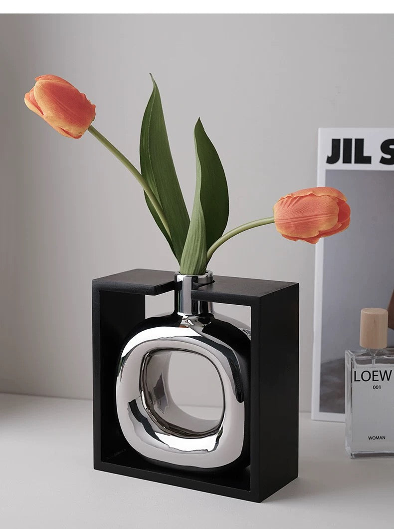 Framed Silver Ceramic Vase Set with Artificial Flowers