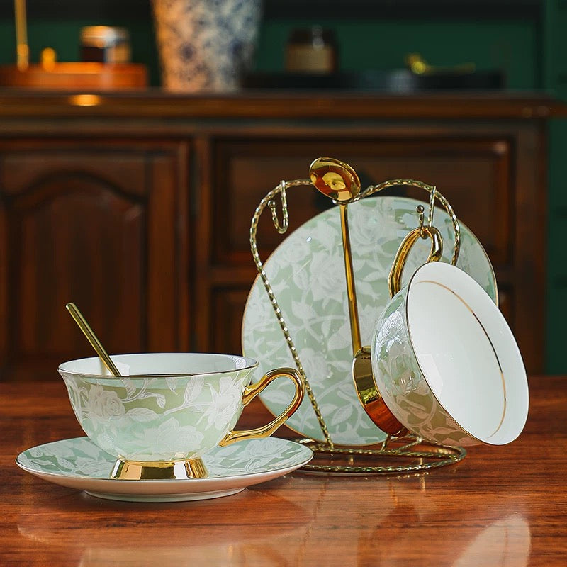 Mint Green Rose - Embossed Floral Coffee Tea Cup Set Bone China 220ml( 3pcs gift package)