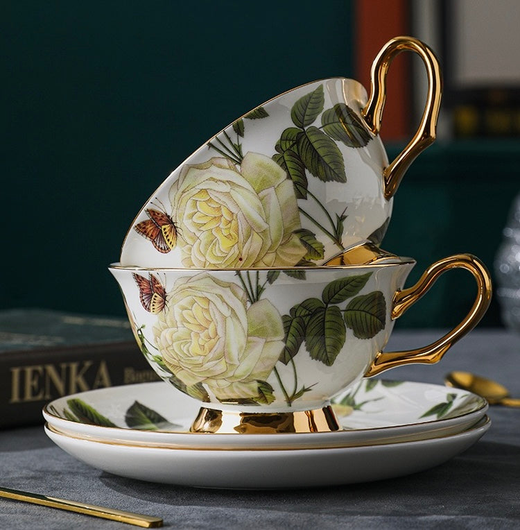 Rose - adorned Floral Coffee Tea Cup Set Bone China 220ml( 6pcs gift package)