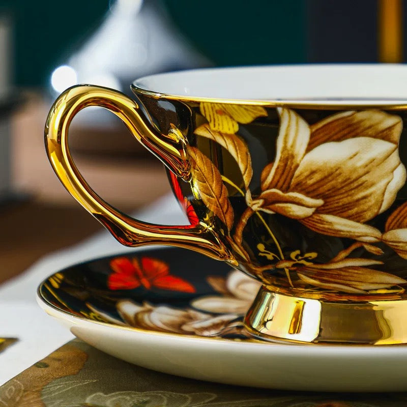 Garden Floral Coffee Tea Cup Set Bone China 220ml (3pcs gift package)