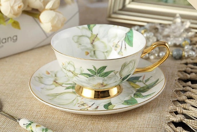 Magnolia Floral Coffee Tea Cup Set Bone China 220ml( 6pcs gift package)