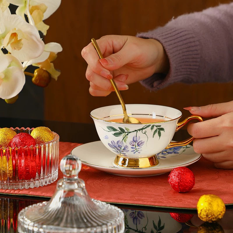 Wisteria Floral Coffee Tea Cup Set Bone China 220ml( 3pcs gift package)