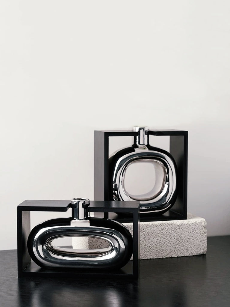 Framed Silver Ceramic Vase Set