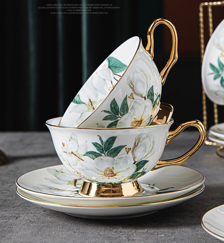 Magnolia Floral Coffee Tea Cup Set Bone China 220ml( 6pcs gift package)