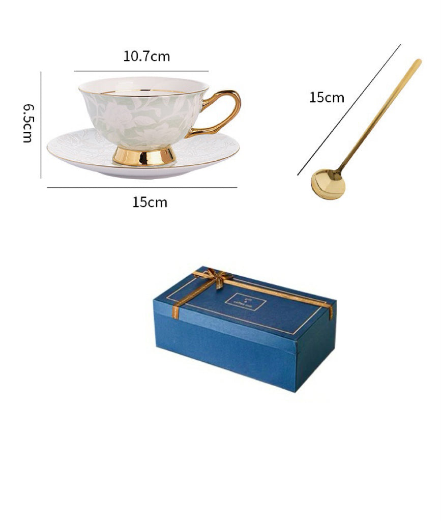 Mint Green Rose - Embossed Floral Coffee Tea Cup Set Bone China 220ml( 3pcs gift package)