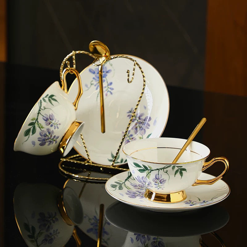 Wisteria Floral Coffee Tea Cup Set Bone China 220ml( 3pcs gift package)