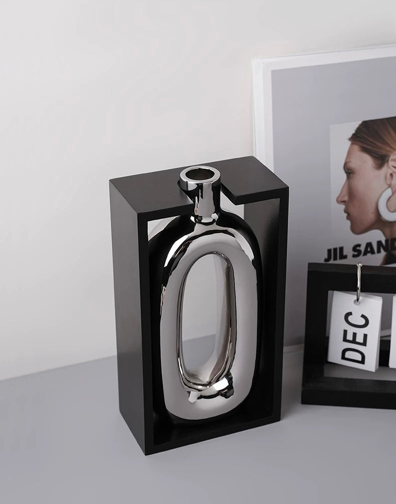 Framed Silver Ceramic Vase Set with Artificial Flowers
