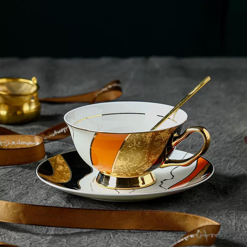 Luxury Geometric Coffee Tea Cup Set Bone China 220ml( 3pcs gift package)