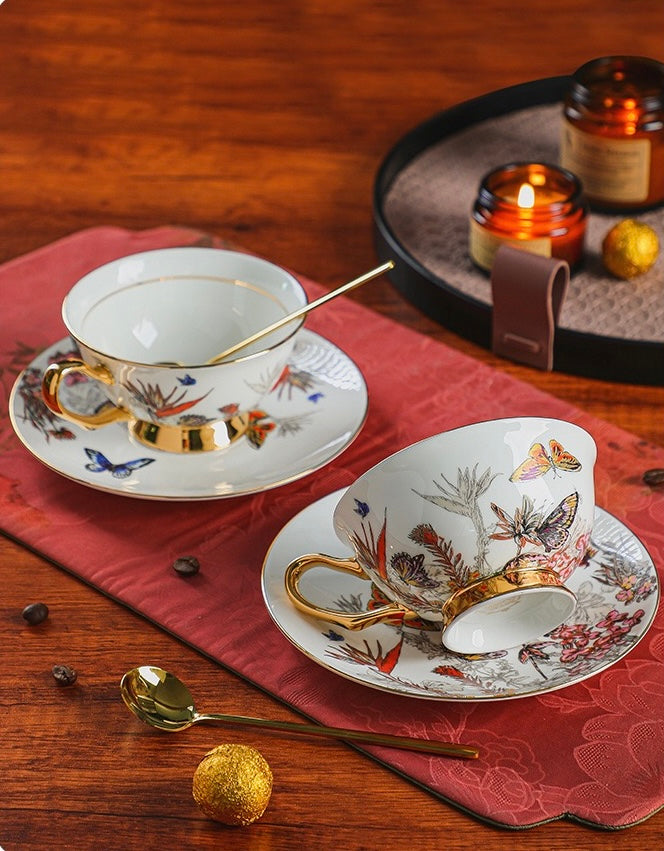 Botanical Butterfly Floral Coffee Tea Cup Set Bone China 220ml( 3pcs gift package)
