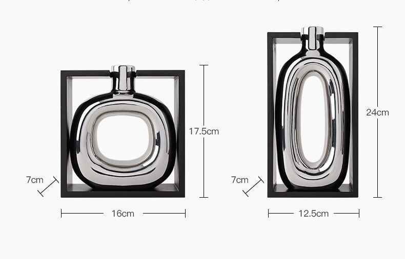 Framed Silver Ceramic Vase Set with Artificial Flowers