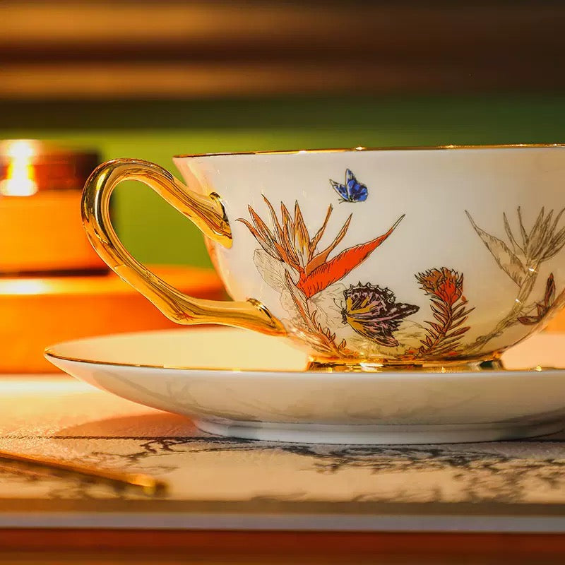 Botanical Butterfly Floral Coffee Tea Cup Set Bone China 220ml( 6pcs gift package)