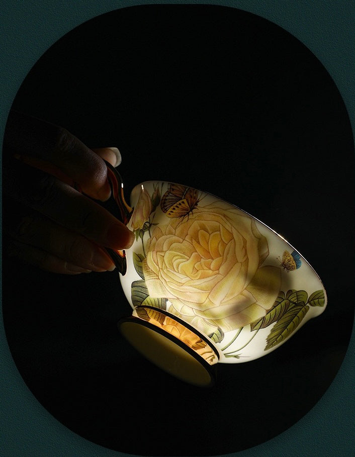 Rose - adorned Floral Coffee Tea Cup Set Bone China 220ml( 6pcs gift package)