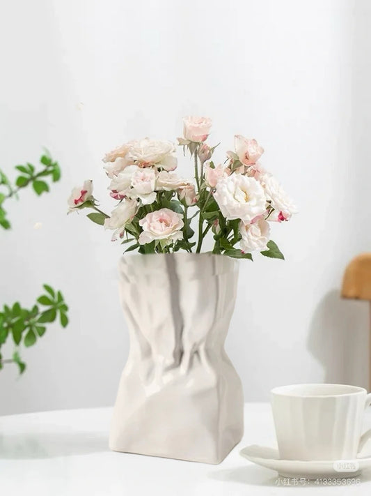 Paper Bag - Style Crinkle Ceramic Vase