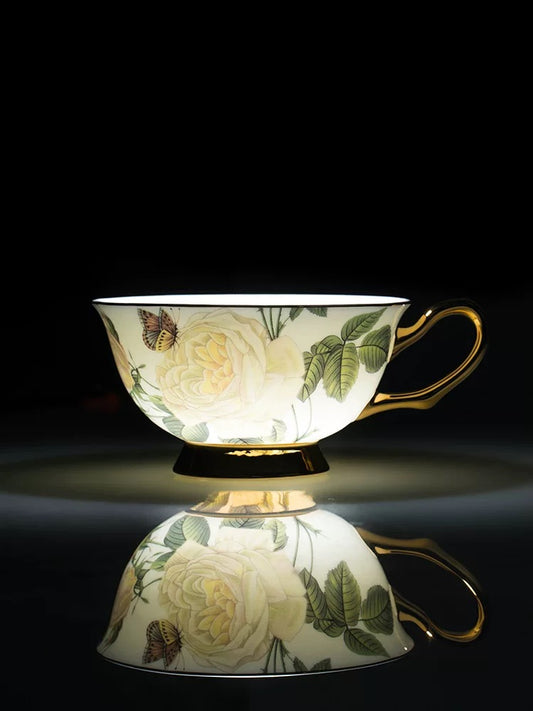 Rose - adorned Floral Coffee Tea Cup Set Bone China 220ml 3pcs(Gift Box)